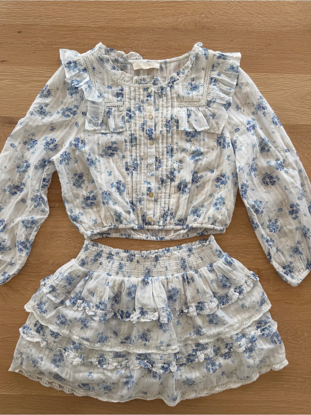 LoveShackFancy 
Blue Floral Ruffle Two-Piece Set